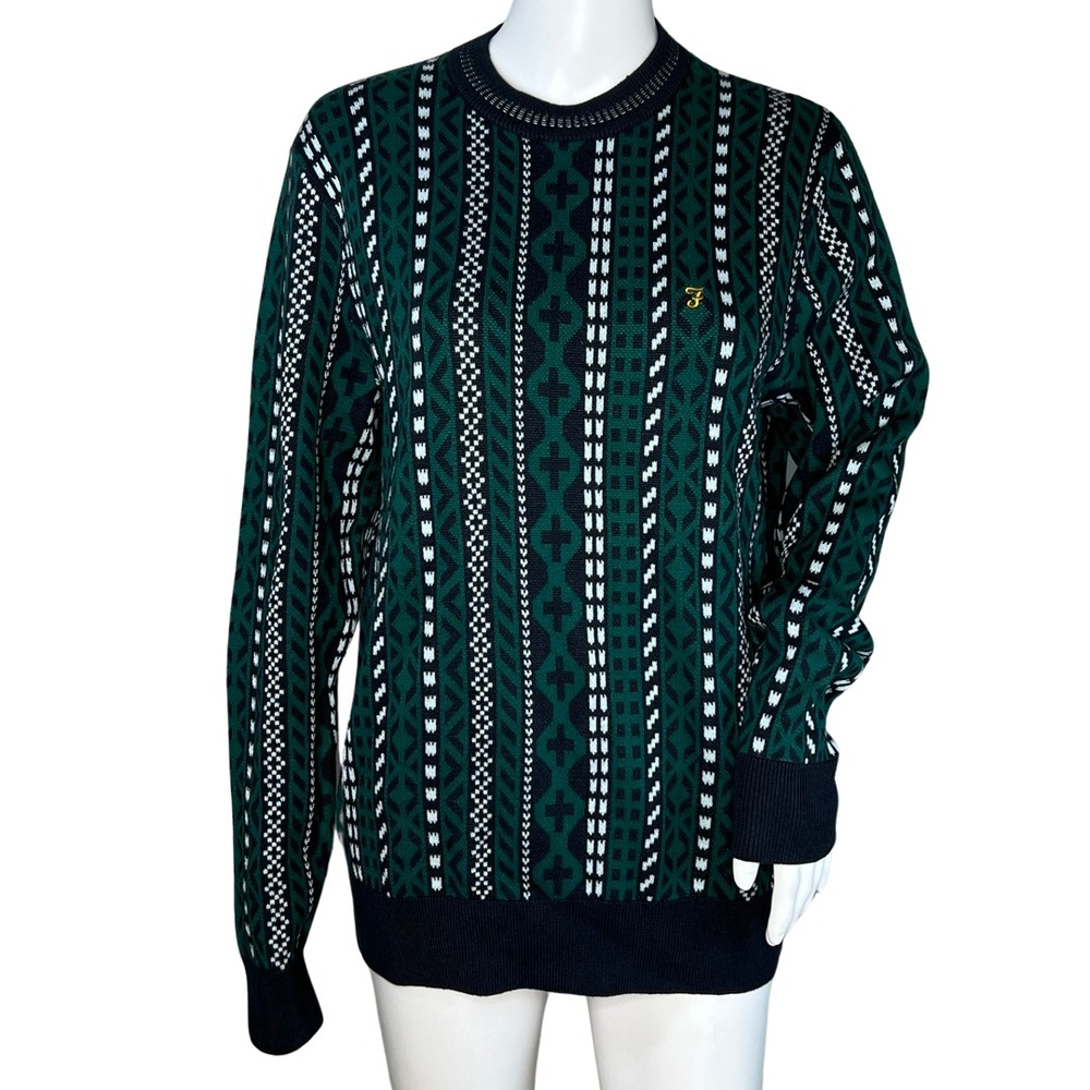 Farah Teal Green Geometric Knit Sweater Small Crewneck Fair Isle Nordic Gorpcore